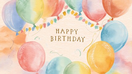 Celebrate joyous birthdays with this charming watercolor design featuring colorful balloons and festive bunting