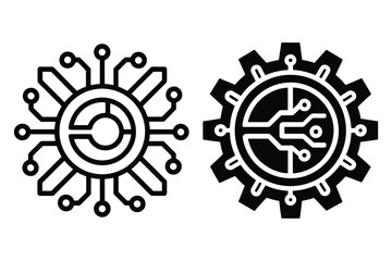 Black circuit board icons with circular and gear shapes technology cogwheel