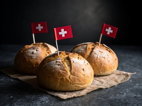 Three freshly baked bread rolls adorned with small swiss flags