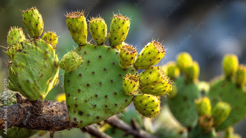 Aufkleber a close-up view of a prickly pear cactus displaying its vibrant green pads and clusters of budding y