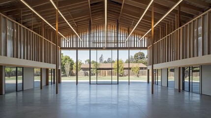 Expansive interior view of a wooden-framed structure with large windows overlooking the outside