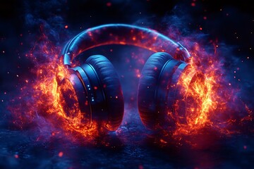 Black Headphones Surrounded by Vibrant Flames on Dark Blue Background

