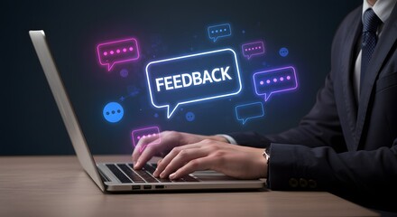 Business Feedback Concept: Businessman Using Laptop with Glowing Speech Bubble