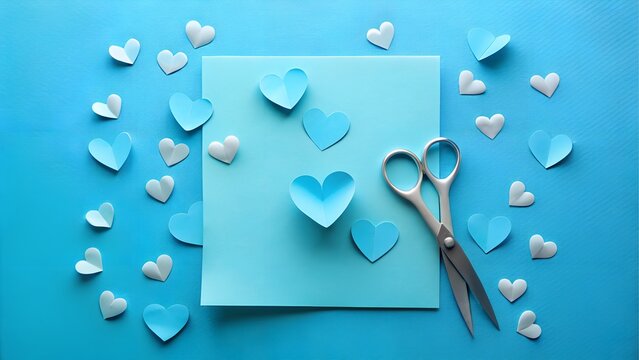 Naklejki Paper hearts and scissors on blue