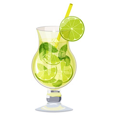 A delicious and refreshing cocktail made with lime and mint is the perfect drink for a summer party. The illustration shows a glass of the drink on an isolated background.