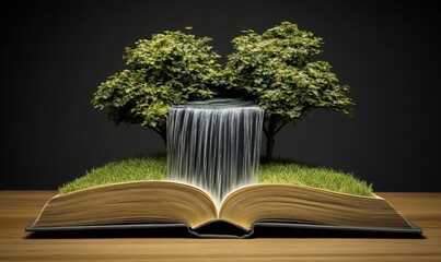 Open book featuring water cascade and trees symbolizing knowledge and growth
