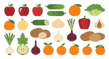 Vibrant collection of fresh fruits and vegetables displayed in a colorful assortment silhouette