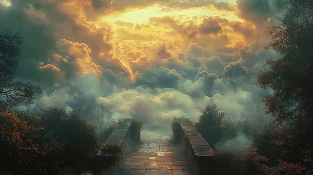 An ancient, moss-covered pathway disappears into thick fog. Eerie and beautiful scene with light illuminating an unseen destination.