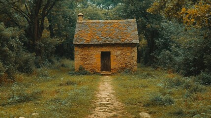 Rustic stone cottage nestled in woods