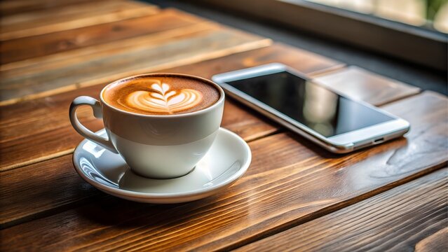 Coffee cup with latte art and phone