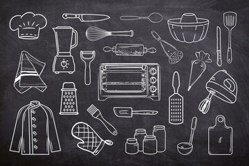 Kitchen utensils set seamless set on black background. Sketch of spatula, bread knife, pastry bag,  potato crusher, whisk, blender, grater, and cutting board on chalk board. Line art of kitchen tools