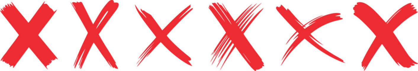 Red Brush Strokes, Cross Marks, Hand Drawn X Symbol Design on White Background