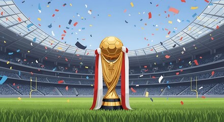 Golden soccer trophy in stadium with confetti
