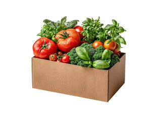 Fresh Produce Box: A vibrant assortment of ripe tomatoes, broccoli and basil overflowing from a rustic cardboard box, capturing the essence of freshness and culinary inspiration.
