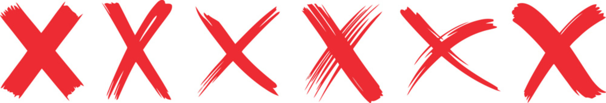 Red Brush Strokes, Cross Marks, Hand Drawn X Symbol Design on White Background