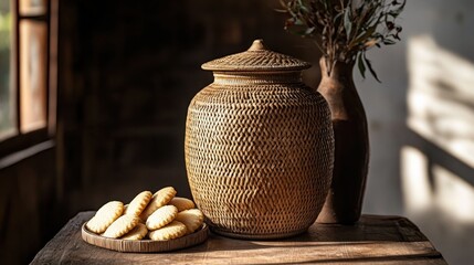 Rustic Still Life: Ceramic Jar, Cookies, and Dried Flowers