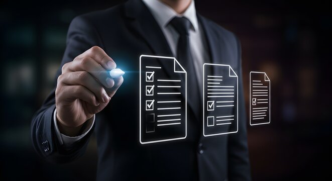 Businessman Completing Checklist on Digital Screen - Business Concept