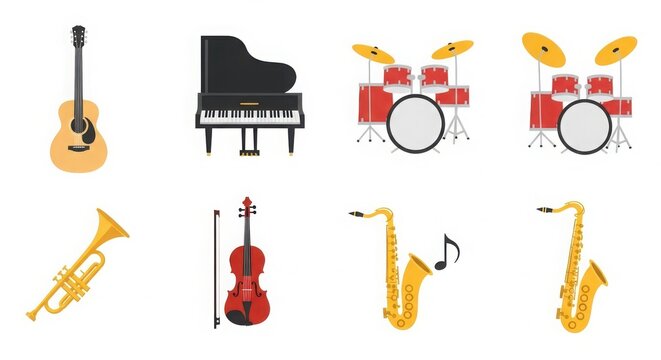 Collection of musical instruments including guitar piano drums violin trumpet and saxophone silhouette - Powered by Adobe