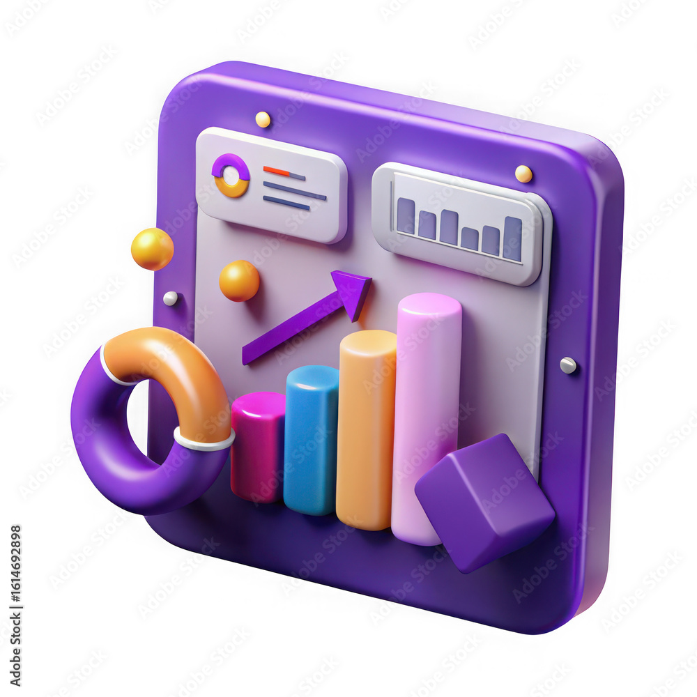 Poster 3d illustration of a vibrant 3d illustration of business data analysis with colorful charts and stat