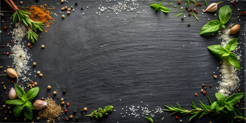 Various herbs, spices, and salt are artfully spread around a dark surface, creating a vibrant display. This setting is perfect for culinary enthusiasts preparing ingredients for cooking