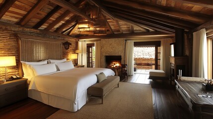 Fototapeta premium Luxurious bedroom featuring a grand bed, fireplace, and exposed wooden beams creating a cozy, inviting atmosphere