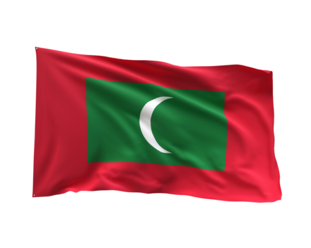Maldives Flag: A photorealistic representation of the Maldivian flag waves proudly, showcasing its distinctive crescent moon emblem and vibrant colors, a symbol of national identity and heritage.