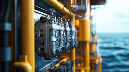 Offshore Oil Rig Equipment: Close-up of Industrial Machinery on a Platform at Sea