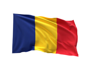 Fototapeta premium Romanian Flag in the Wind: A vibrant flag of Romania, its colors of blue, yellow, and red billowing gracefully in the wind, showcasing the nation's pride and identity.