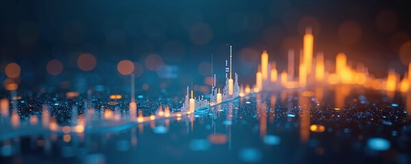 Financial data visualization features glowing trading graphs, digital analysis on dark background. Investment strategy, market trends, stock performance represented with vibrant, colorful indicators,