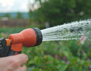 Close-up of a hand watering garden plants
