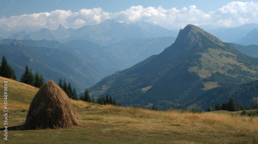 Poster a picturesque view of a mountainous region features a haystack in the foreground. the rolling hills 