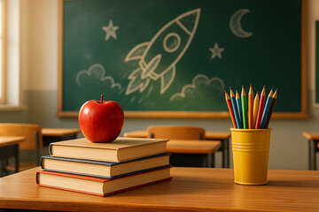 Back to School concept with stacked books, pencils, and rocket sketch, symbolizing end of summer vacation and return to learning for students and teachers
