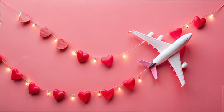 A charming design showcases a miniature airplane alongside red heart shapes and string lights against a pink backdrop. This setup is ideal for romantic events or travel-themed decorations