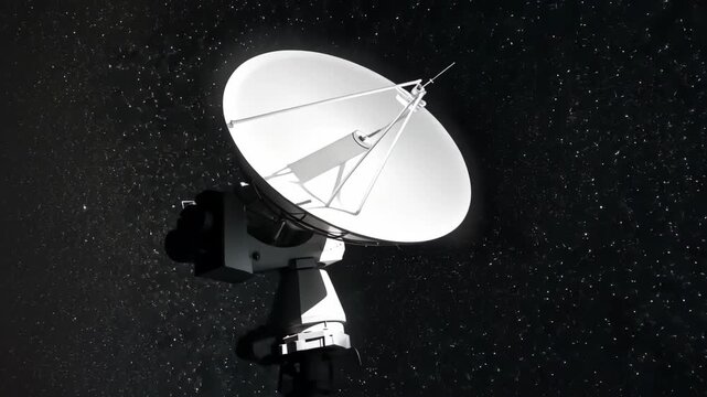 Dramatic space scene with large satellite dish antenna array observing night sky, research.