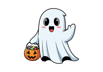 Cute ghost holding a pumpkin candy bucket