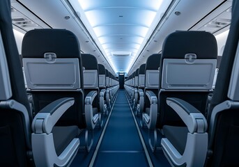 Obraz premium Empty airplane cabin with rows of seats