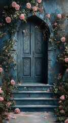 Arched Doorway with Stone Steps and Climbing Roses