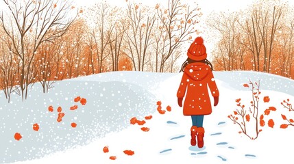 A young girl walks through a snowy forest, her footsteps the only mark in the pristine white snow. Tall, bare trees surround her, creating a sense of solitude and beauty.