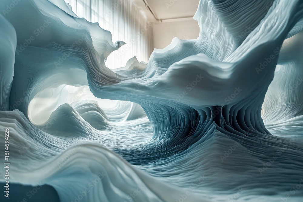 Poster abstract wave displacement surface creates an illusion of motion and depth in a serene indoor settin