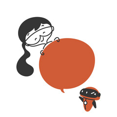 cute girl holding on robot bubble speech illustration in doodle cartoon