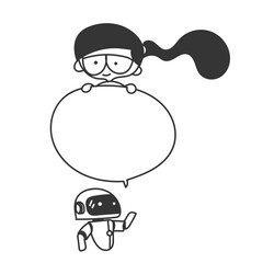 cute girl holding on robot bubble speech illustration in doodle cartoon