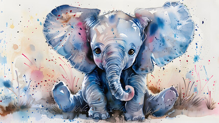 watercolor painting of a cute baby elephant