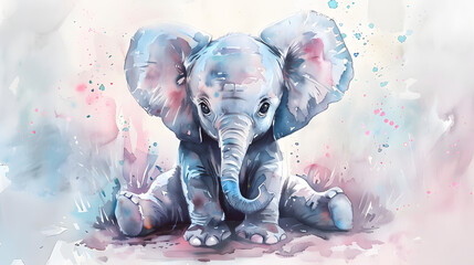 watercolor painting of a cute baby elephant