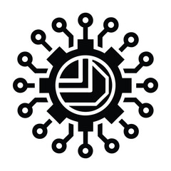 Black gear with circular nodes connected by lines on white background technology network