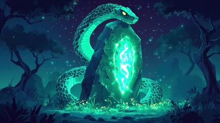 The ancient forest is filled with magic, as the glowing snake with its emerald scales coils around the rune-inscribed stone obelisk.