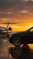 Luxury car parked near a private jet at sunset, vertical image