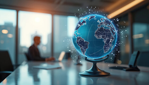 Digital globe displays global connections on office desk, conceptual work, modern business. Image represents international communication, technology, future planning in corporate environment. - Powered by Adobe