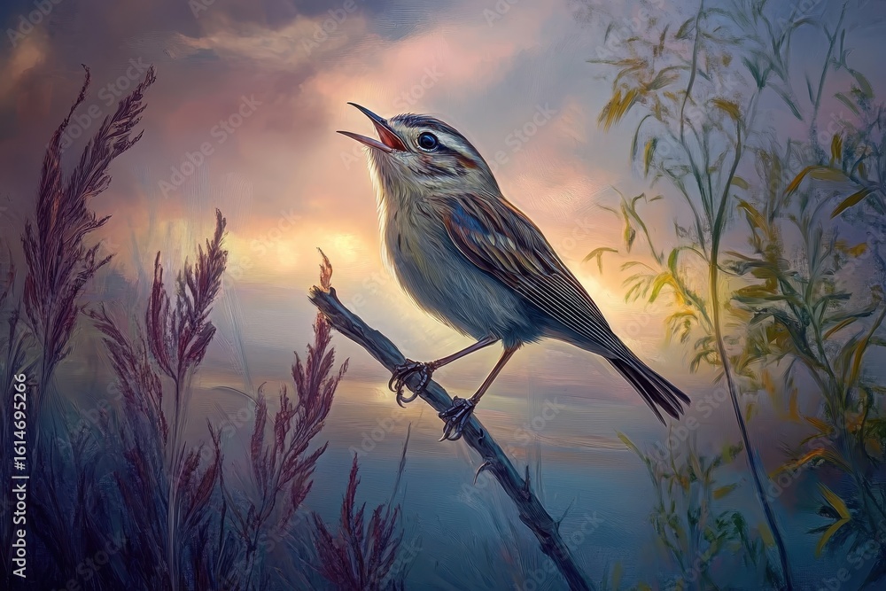 Poster warbler singing a joyful spring song at dusk in a tranquil setting, warbler sings a spring song at d