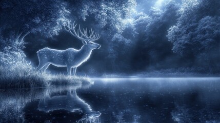 In the stillness of the night, a large, ethereal deer with translucent antlers softly glows, its ghostly form mirrored by the misty lake.