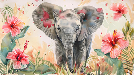 watercolor painting of a cute baby elephant